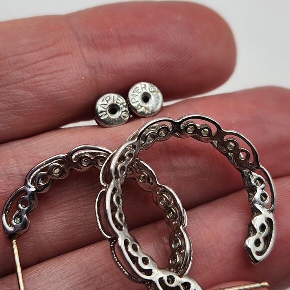 Napier Elegant Filigree Scalloped Edge Dimensional 1" Hoop Earrings Silver Tone - Picture 3 of 9